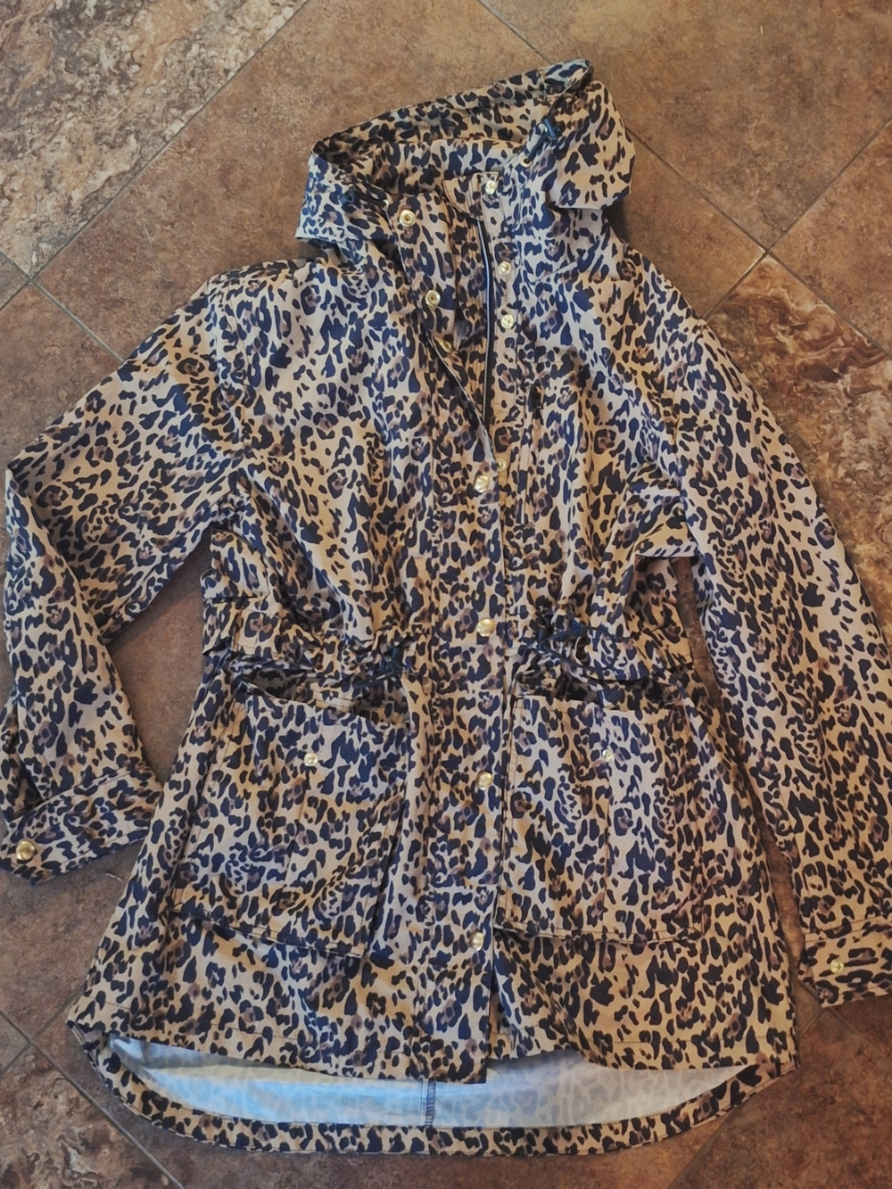 J. Crew Leopard Print Trench Rain Coat in Tan and Black Gold Accent S